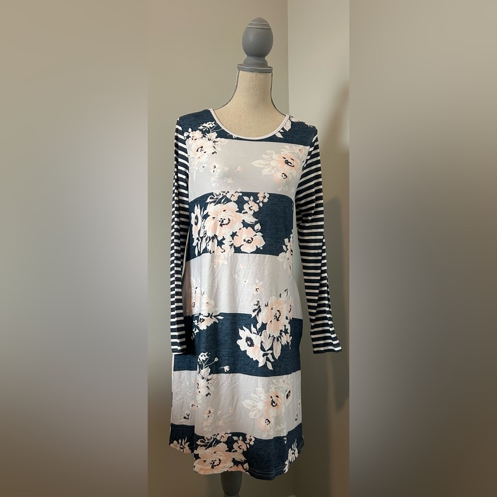 Floral and Striped Long Sleeve Dress